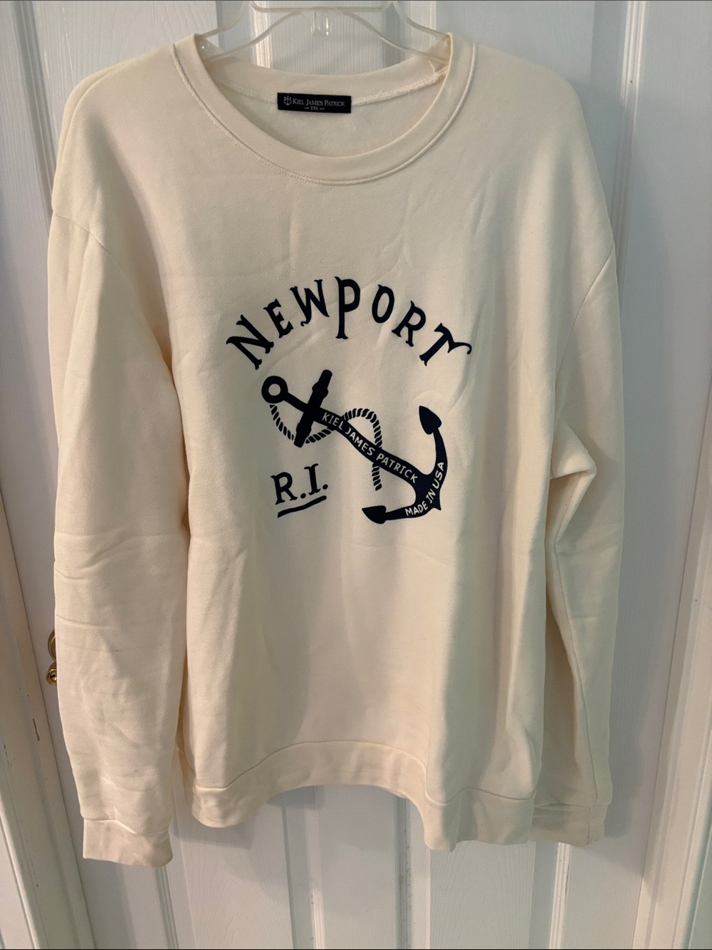 Kiel James Patrick Cream Crewneck with Navy Newport Anchor Graphic
